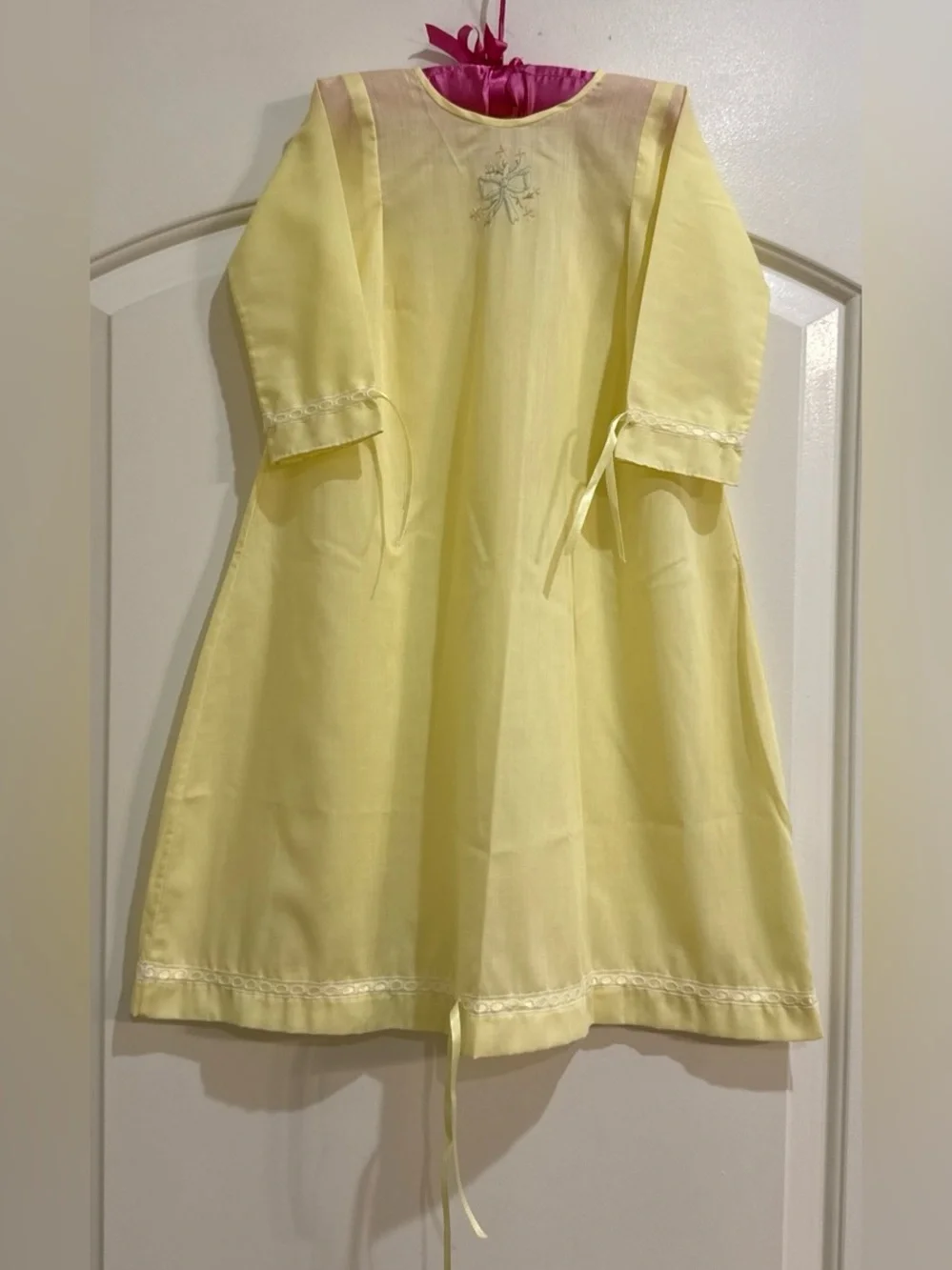 Vintage Handmade Baby Girl Pastel Yellow Long Sleeve Long Gown Embroidered